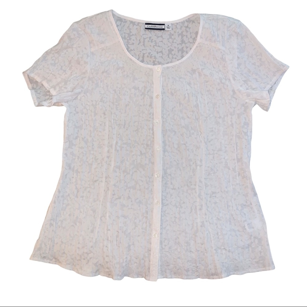 Croft & Barrow White Sheer Floral Pattern Short Sleeve Button Up Shirt